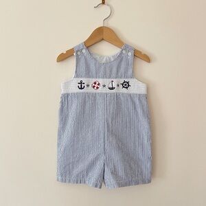 EUC Boys Striped Seersucker Smocked Nautical Jon Jon
